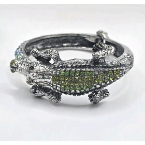 Bracelet Alligator Crocodile Green Blue Rhinestones Pave Setting Hinged Cuff